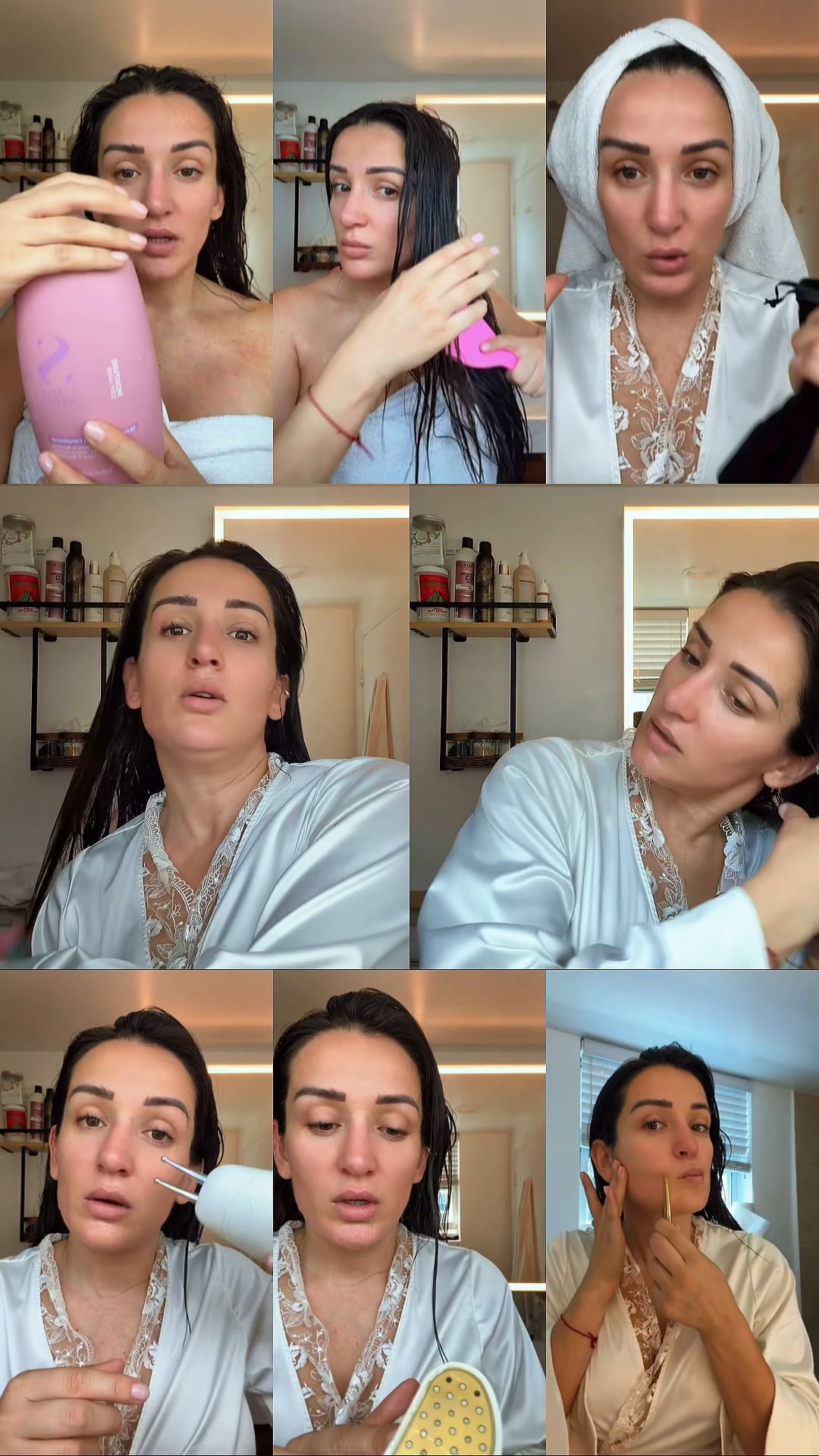 Elisa moving through her own skincare routine after a shower